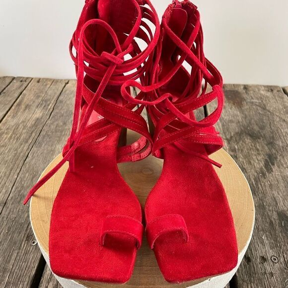 NWOT Jeffrey Campbell Red Leather Strappy Chunky Heels Size 7.5M - Picture 2 of 7